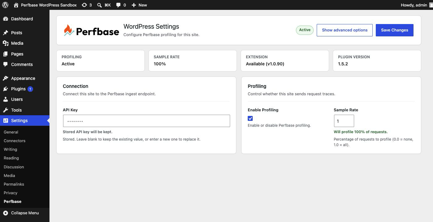Perfbase WordPress settings page showing active profiling, extension availability, plugin version, the stored API key field, and the sample-rate control.