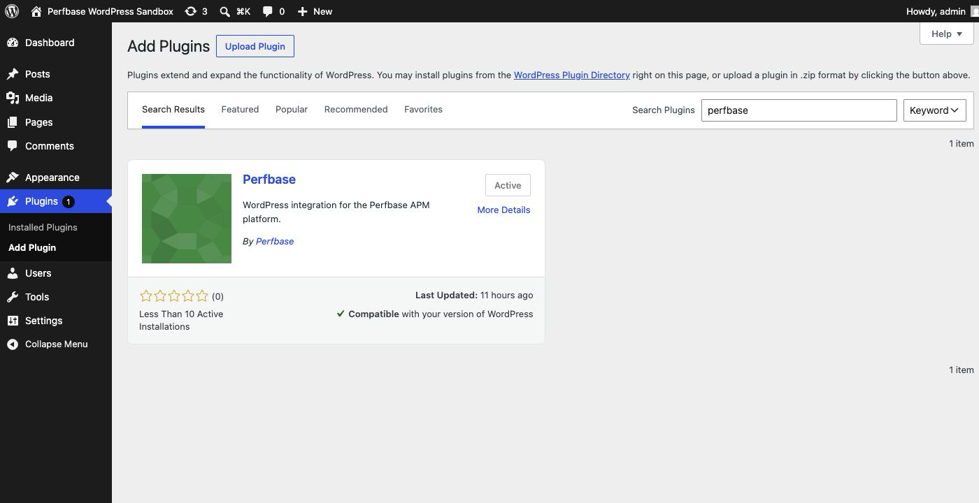 WordPress admin Add Plugins screen showing a search for Perfbase with the Perfbase plugin result active and compatible with the current WordPress version.